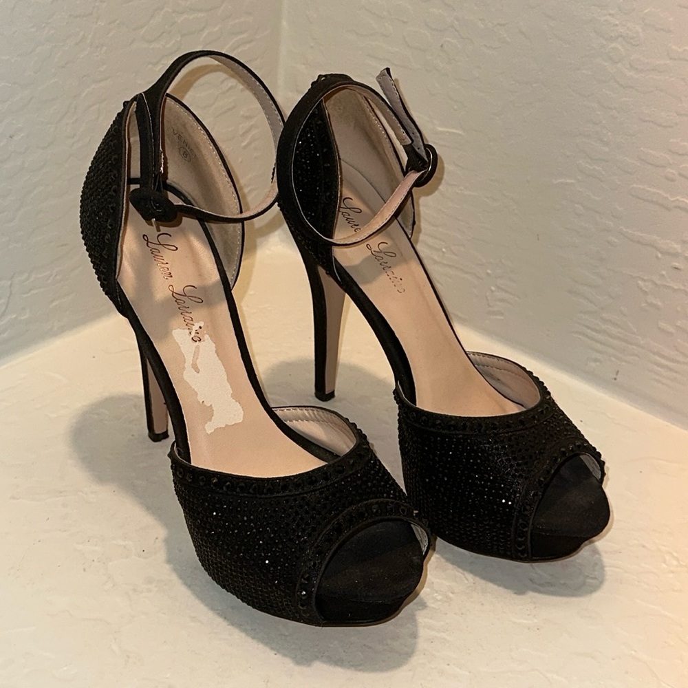Lauren Lorraine Venice Black sparkle heel Sz 8 Ankle strap Covered platform. EUC